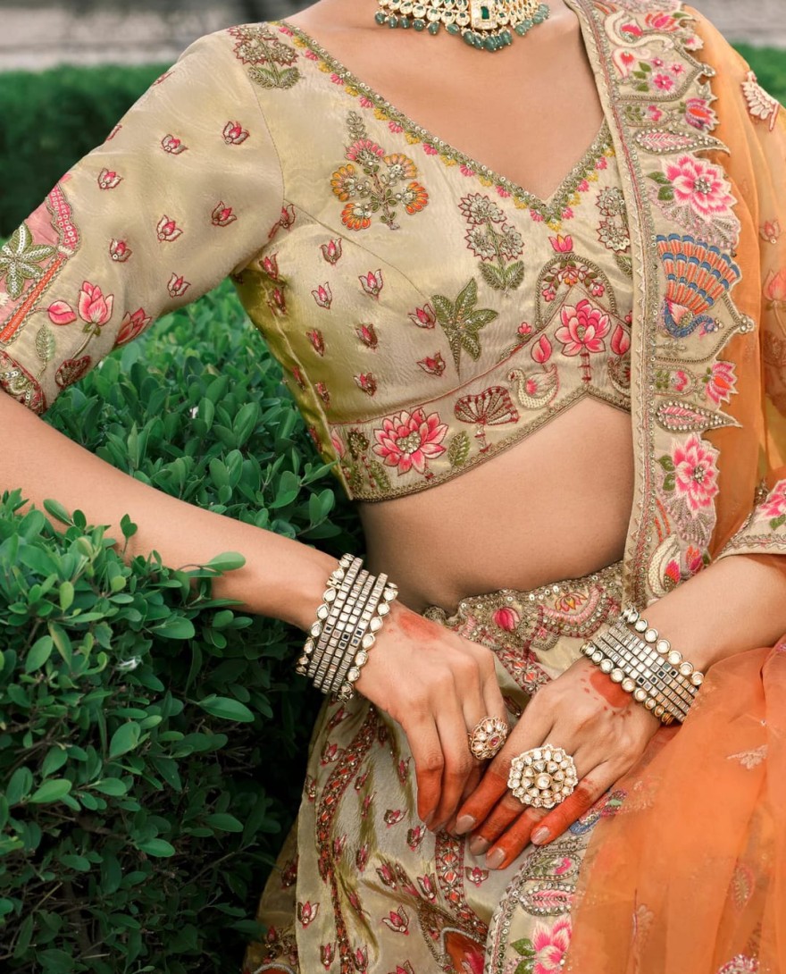 Beige - Beige & Orange Fancy Silk Lehenga Choli With Cut Work Embroidery Border & Stone Work